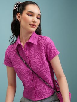 TOKYO TALKIES - Women Magenta Button-down Short Sleeve Shirt