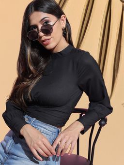 TOKYO TALKIES - Women Black Side Fixed Lace up Detailed High Neck Crop Top