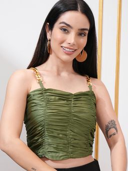 TOKYO TALKIES - Women Olive Satin Ruched Crop top With Chain Straps