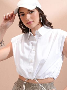 TOKYO TALKIES - Women White Solid Boxy Crop Shirt Style Top