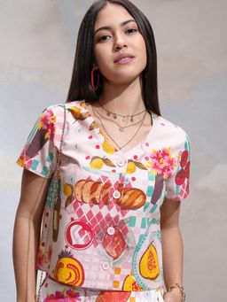 TOKYO TALKIES - Women Printed Button-down V Neck Cop Top
