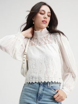 TOKYO TALKIES - Women White Solid Lace High Neck Top