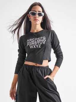 TOKYO TALKIES - Women Black Solid Chest Print Paneled Crop Top