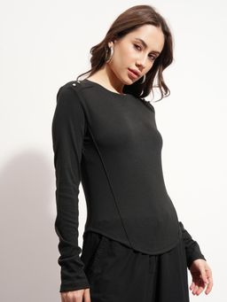 TOKYO TALKIES - Women Black Solid Slim Fit Top