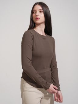 TOKYO TALKIES - Women Brown Solid Slim Fit Full Sleeve Top