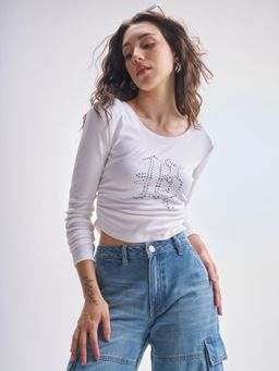 TOKYO TALKIES - Women White Solid Ruched Studded Cutout Crop Top