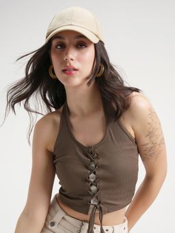 TOKYO TALKIES - Women Brown Textured Halter Neck Crop Top
