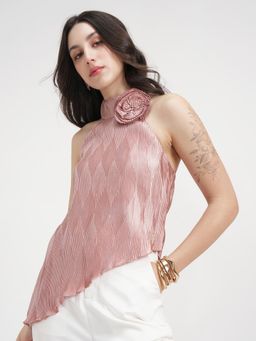 TOKYO TALKIES - Women Peach Corsage Detailed Asymmetric Hem Top