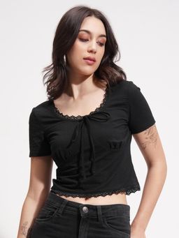 TOKYO TALKIES - Women Black Tie Up Fitted Crop Top
