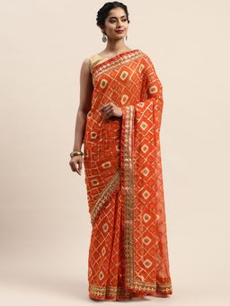 Vastranand - Orange & Gold-Toned Printed Bandhani Saree with Unstitched Blouse