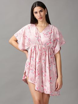 SHOWOFF - Womens V-Neck Above Knee Pink Printed Dress