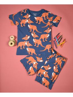 Be Awara - Half Sleeves Cotton T-shirt & Shorts Kangaroo Print Dark Blue (Set of 2)