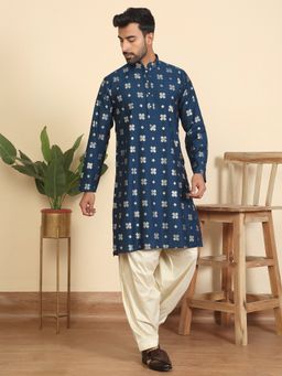 Kraft India - Men Cotton Silk Printed Knee Length Blue Kurta with Salwar