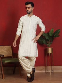 Kraft India - Men Cotton Silk Printed Knee Length Cream Kurta with Salwar