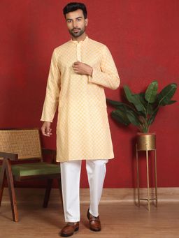 Kraft India - Men Cotton Blend Leaf Printed Knee Length Yellow Kurta with Pyjamas