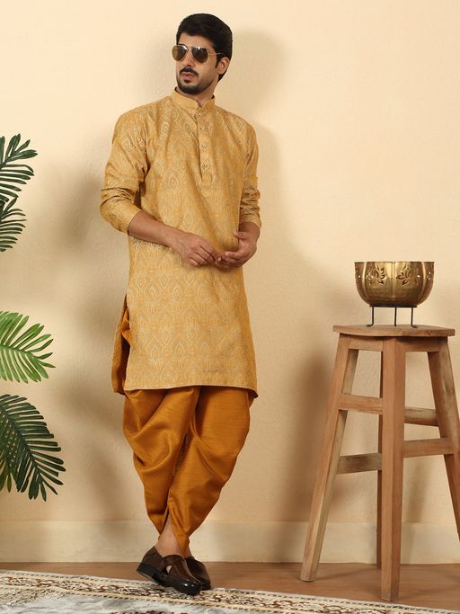 Kraft India Men Silk Blend Jacquard Beige Kurta and Dhoti