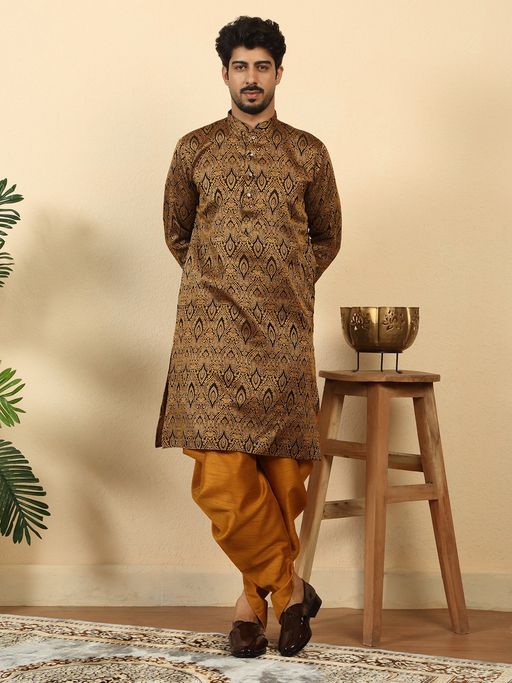 Kraft India Men Silk Blend Jacquard Black Kurta and Dhoti
