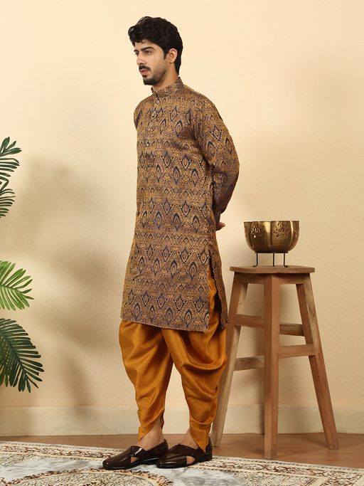 Kraft India Men Silk Blend Jacquard Blue Kurta and Dhoti