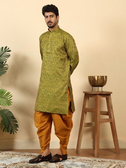 Kraft India Men Silk Blend Jacquard Green Kurta and Dhoti