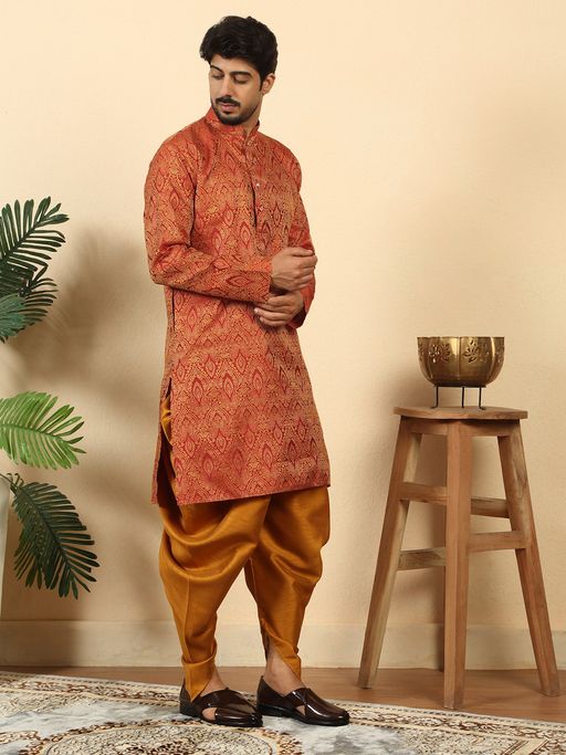 Kraft India Men Silk Blend Jacquard Maroon Kurta and Dhoti