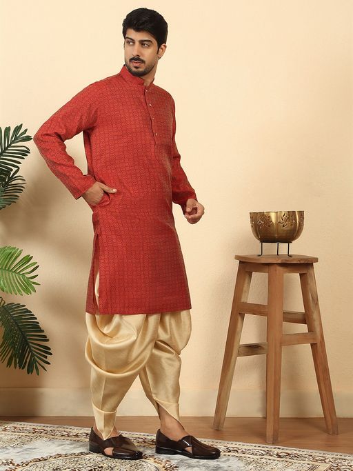 Kraft India Men Silk Blend Jacquard Geometric Maroon Kurta and Dhoti