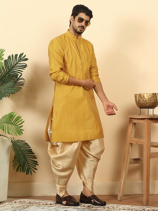 Kraft India Men Silk Blend Jacquard Geometric Mustard Kurta and Dhoti