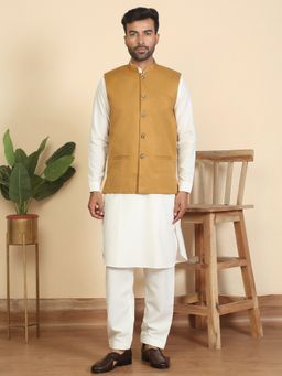 Kraft India - Men Mustard Cotton Blend Kurta with Salwar and Nehru Jacket