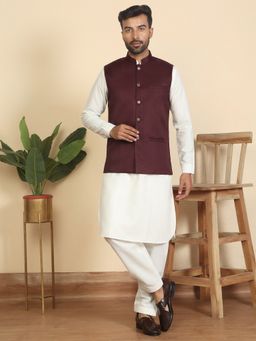 Kraft India - Men Maroon Cotton Blend Kurta with Salwar and Nehru Jacket