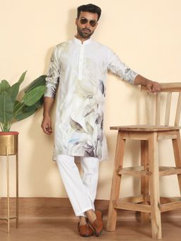 Kraft India - Men Leaf Printed Cotton Blend Straight Green Kurta with Pyjamas