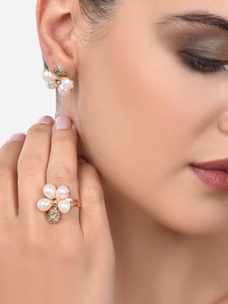 Zaveri Pearls - Gold Tone Austrian Diamonds & Pearls Flower Stud Earring & Ring-ZPFK14409 (Set of 2)