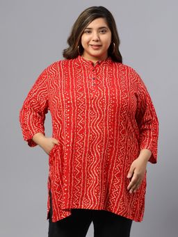 Indietoga Plus Size - Women Plus Size Red Bandhni Print Rayon Longline Tunic - Red