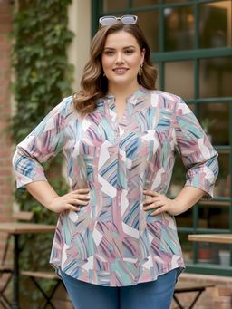 Indietoga Plus Size - Women Plus Size Pink Abstract Print Rayon Centre Pleat Tunic - Pink