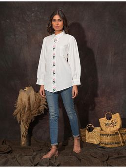 Golden Mirror Fashion - Flower Embroidery Shirt - White