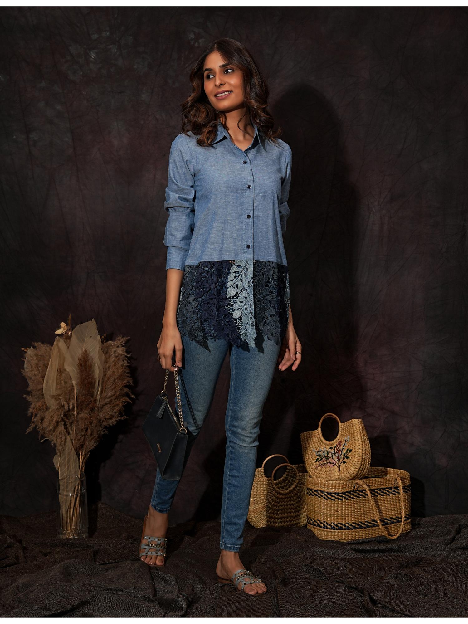 Chambray Shirt With Lace - Blue-picture-44