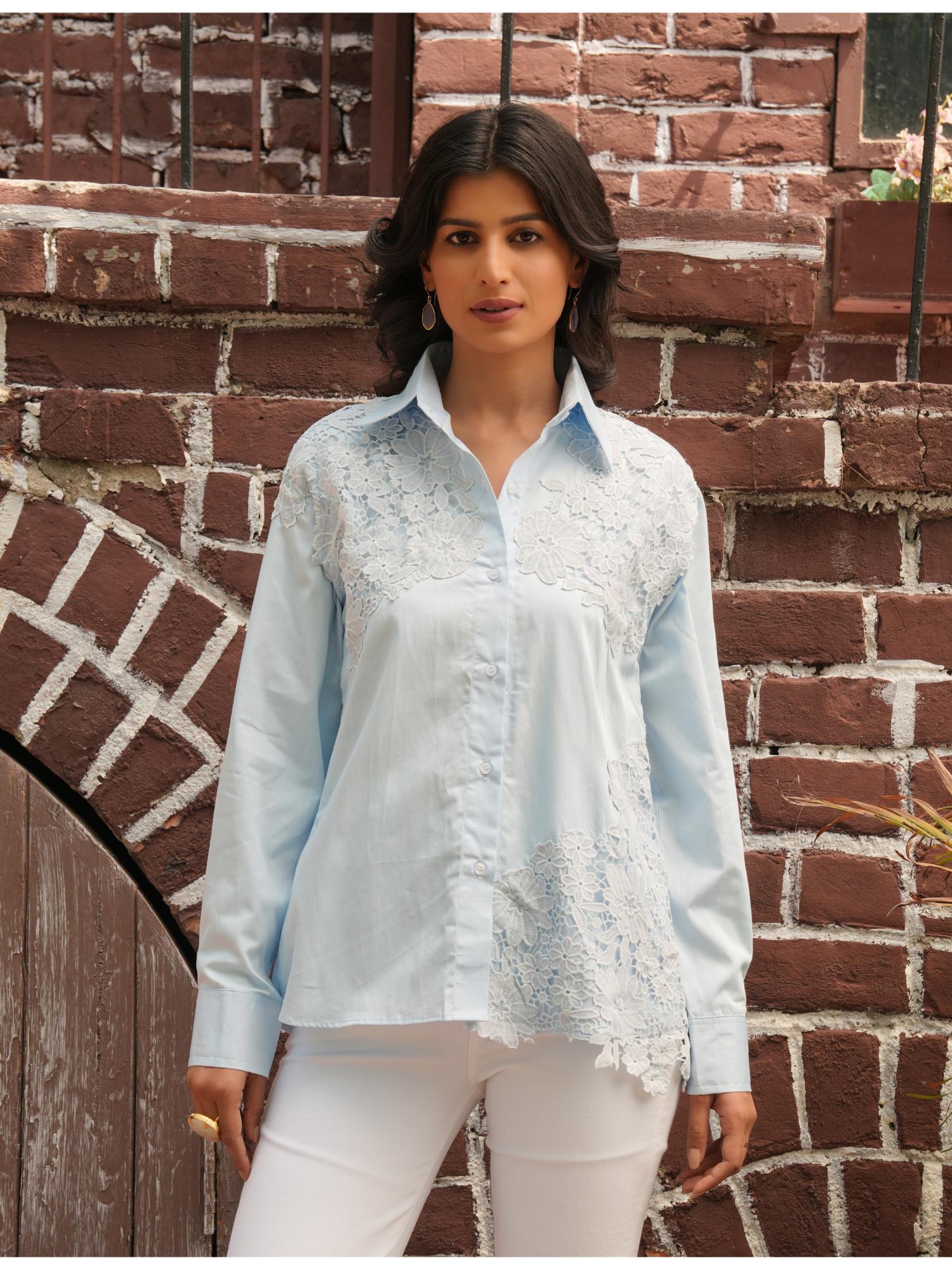 Cotton Schiffli Collar Shirt - Blue-picture-18