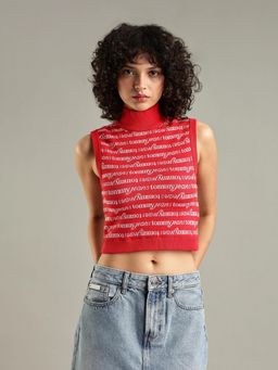 Tommy Hilfiger - Regular Fit Cotton High-Neck Crop Top - Red