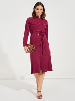 Styli - Women Burgundy Solid Long Sleeves Shirt Midi Dress With Tie Up Belt (Set of 2)