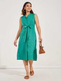 Styli - Women Green Notch Collar Shirt Midi Dress With Belt (Set of 2)