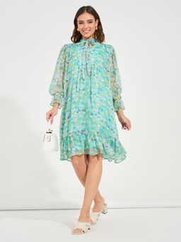 Styli - Women Green Floral Print Long Sleeve Neck Tie A-Line Midi Dress