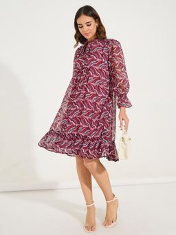 Styli - Women Multi Long Sleeve Tie-Up Neck A-Line Knee Length Dress