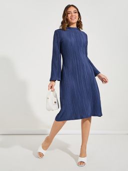 Styli - Women Blue Textured Plisse A-Line Knee Length Dress with Bell Sleeve