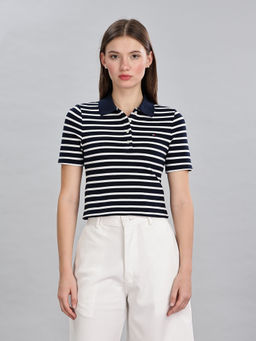 Tommy Hilfiger - Women Navy Blue Striped Polo T-Shirt