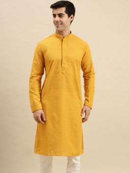 Sanwara - Mens Mustard Chickenkari Long Sleeve Cotton Designer Kurta