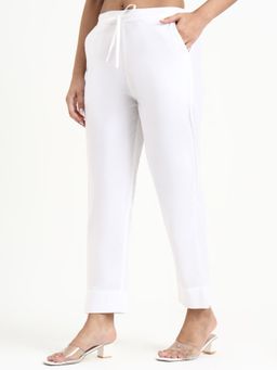 Yufta - White Mid Rise Ankle Length Regular Fit Poplin Pant