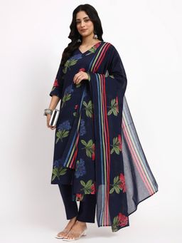 Yufta - Navy Blue Cotton Straight Kurta and Pant with Dupatta
