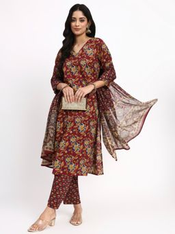 Yufta - Burgundy Cotton Straight Kurta and Pant with Dupatta