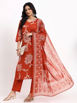 Yufta - Rust Cotton Straight Kurta and Pant with Dupatta