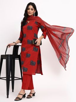Yufta - Maroon Cotton Ethnic Motifs Straight Kurta and Pant with Dupatta