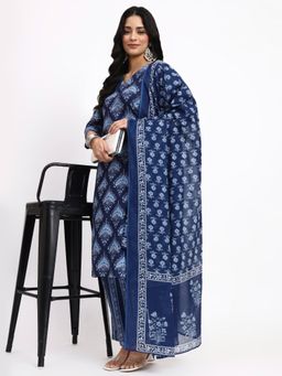 Yufta - Navy Blue Cotton Straight Kurta and Pant with Dupatta