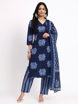 Yufta - Navy Blue Cotton Straight Kurta and Pant with Dupatta
